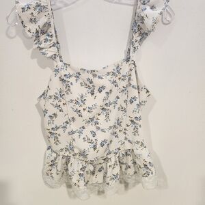 White Blue Floral Ruffle Lace Cropped Wide Strap Teen Tank Top Size 16Y